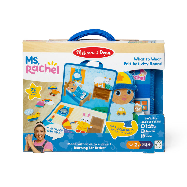 A playroom scene with The Melissa & Doug® Ms. Rachel™ What to Wear Felt Activity Board Take-Along Preschool Learning Toy for Boys and Girls