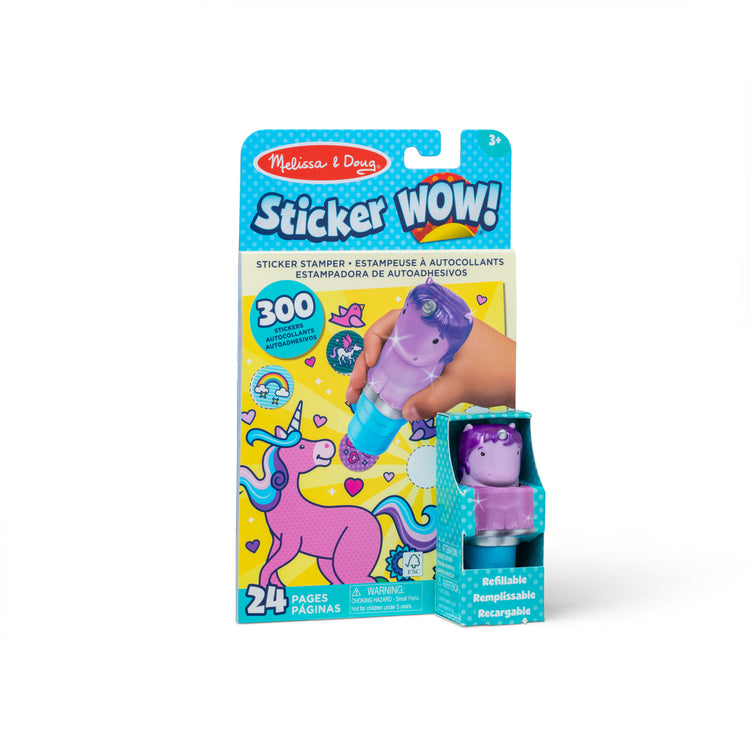 The front of the box for The Melissa & Doug Sticker WOW!™ 24-Page Activity Pad and Sticker Stamper, 300 Stickers, Arts and Crafts Fidget Toy Collectible Character – Sprinkles the Purple Unicorn