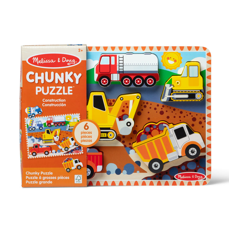 The front of the box for The Melissa & Doug Construction Vehicles Wooden Chunky Puzzle (6 pcs)