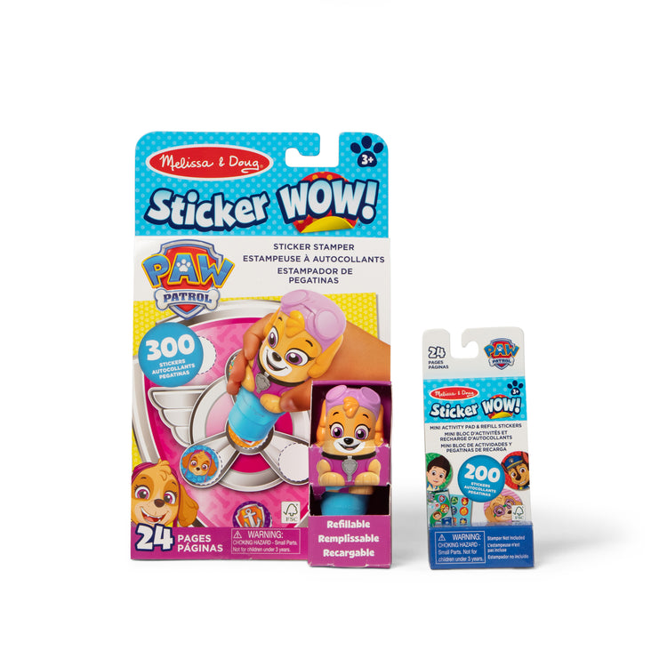 The front of the box for The Melissa & Doug Sticker WOW!™ PAW Patrol Skye Bundle: 24-Page Activity Pad, Sticker Stamper, 500 Stickers, Mini Pad, Arts and Crafts Fidget Toy Collectible Character