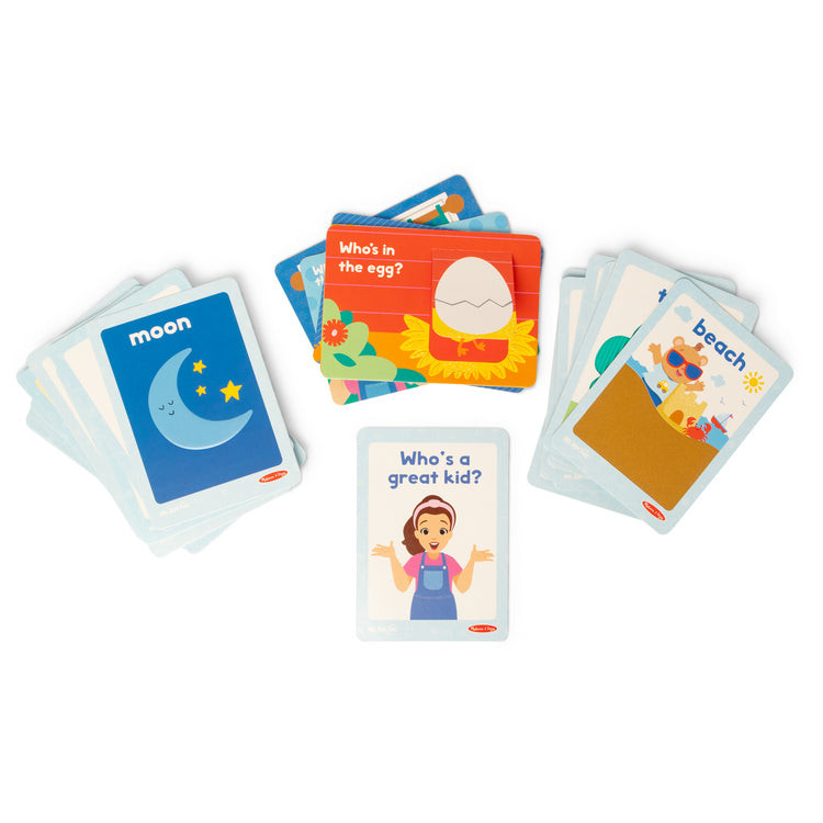The loose pieces of The Melissa & Doug® Ms. Rachel™ First Words Textured Sensory Flashcards Preschool Learning Toy for Boys, Girls