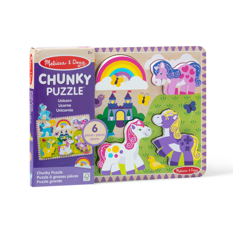 An assembled or decorated image of The Melissa & Doug Wooden 6-Piece Unicorn and Rainbow Chunky Puzzle for Toddler Boys and Girls 2+