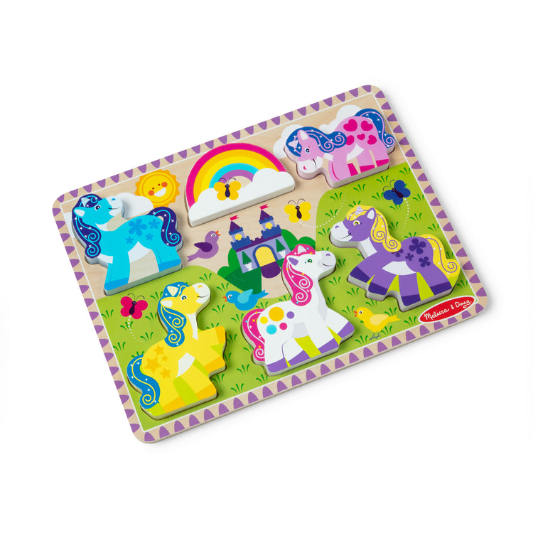 An assembled or decorated image of The Melissa & Doug Wooden 6-Piece Unicorn and Rainbow Chunky Puzzle for Toddler Boys and Girls 2+