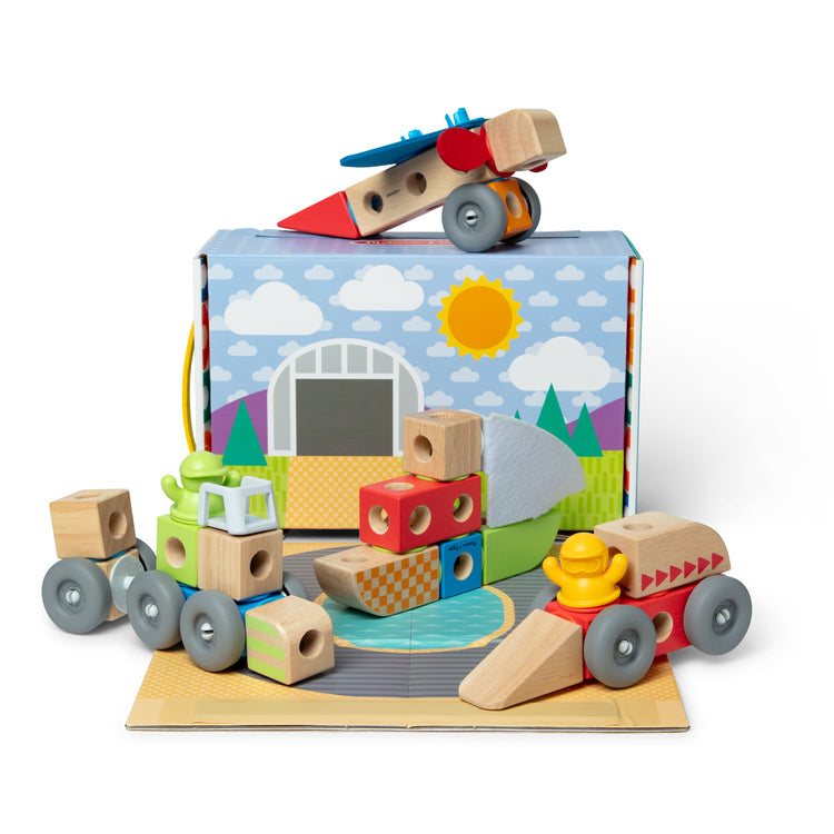 An assembled or decorated image of The Melissa & Doug Blockables™ Vehicles Snap And Play, Mix And Match Connectable Wooden Building Blocks Play Set Toy for Preschool Boys And Girls (54 Pcs)