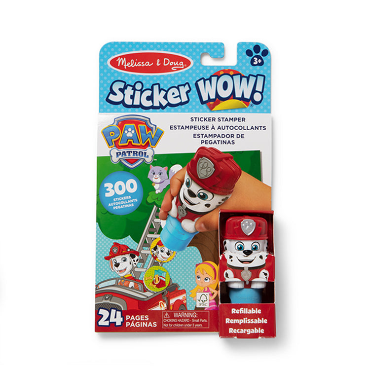 The front of the box for The Melissa & Doug Sticker WOW!™ 24-Page Activity Pad and Sticker Stamper, 300 Stickers, Arts and Crafts Fidget Toy Collectible Character – PAW Patrol Marshall