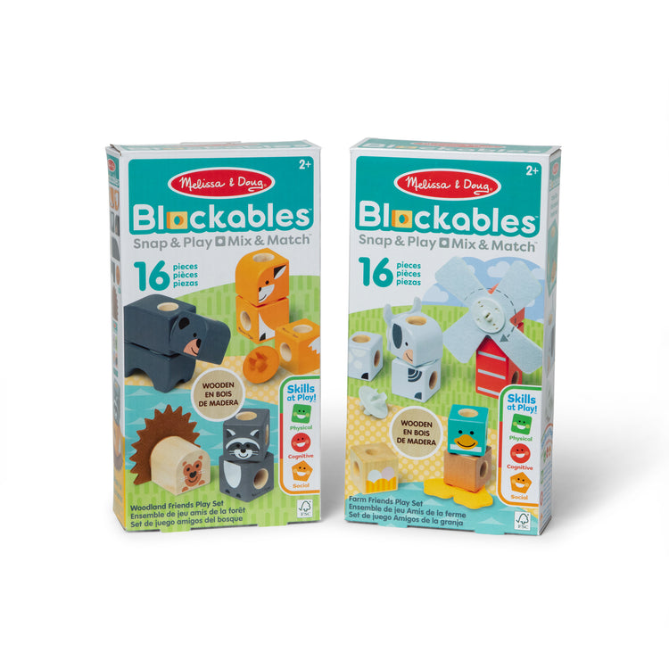 The front of the box for The Melissa & Doug Blockables™ Farm and Woodland 2-Pack Bundle Connectable Wooden Building Blocks Preschool Play Set Toy 