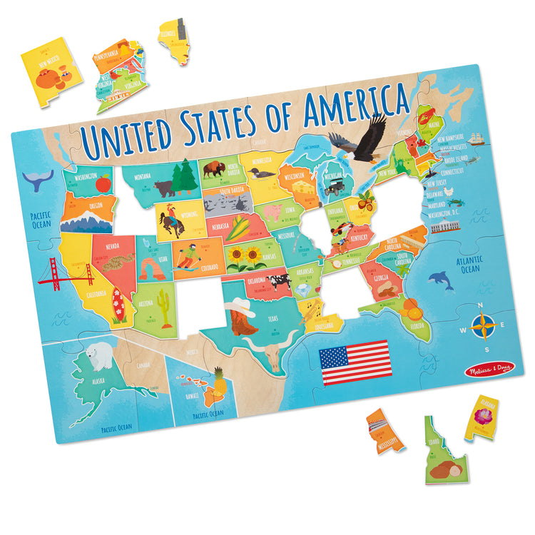 The loose pieces of The Melissa & Doug USA Map Jumbo Floor Puzzle, 51-Piece Jigsaw Puzzle of The United States, with State Capitals, Over 3 Ft Long, Kids Puzzles for Girls & Boys Ages 6+