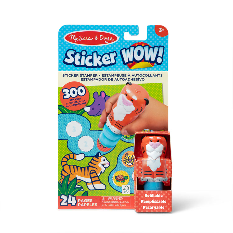 The front of the box for The Melissa & Doug Sticker WOW!™ 24-Page Activity Pad and Sticker Stamper, 300 Stickers, Arts and Crafts Fidget Toy Collectible Character – Tiger