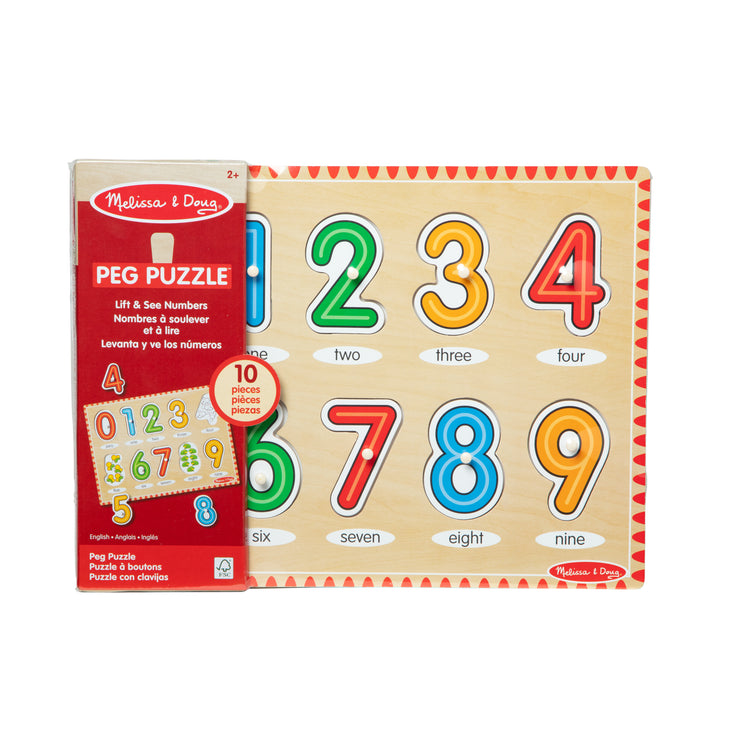 The front of the box for The Melissa & Doug Lift & See Numbers Wooden Peg Puzzle - 10 Pieces