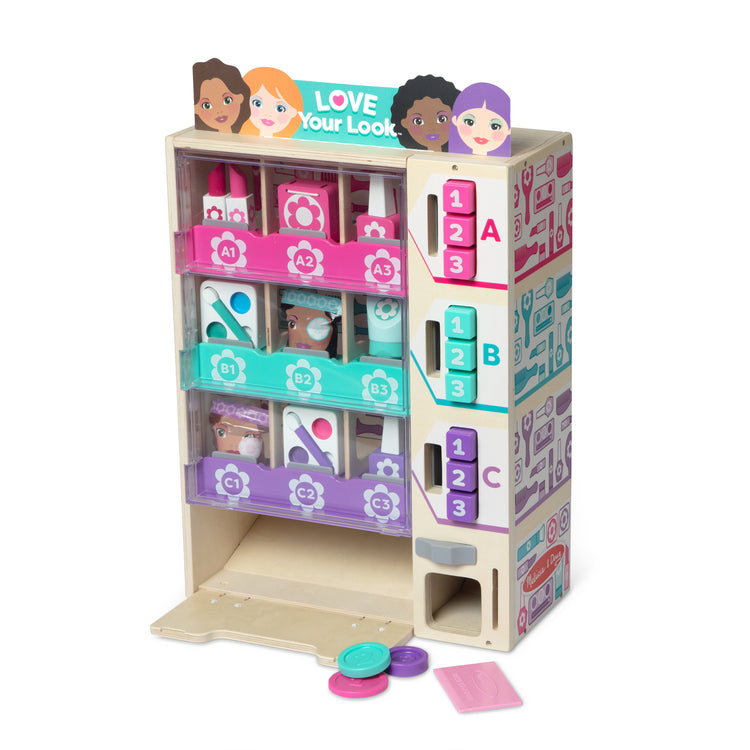 The loose pieces of The Melissa & Doug Sort, Stock, Select Beauty Kiosk Vending Machine Play Set, Pretend Makeup Wooden Toy For Boys and For Girls 3+
