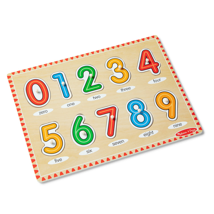 The loose pieces of The Melissa & Doug Lift & See Numbers Wooden Peg Puzzle - 10 Pieces