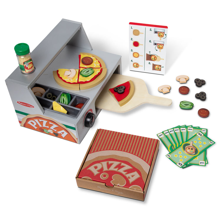 The loose pieces of The Melissa & Doug Top & Bake Wooden Pizza Counter Play Set with Play Food (41 Pcs) Preschool Toy
