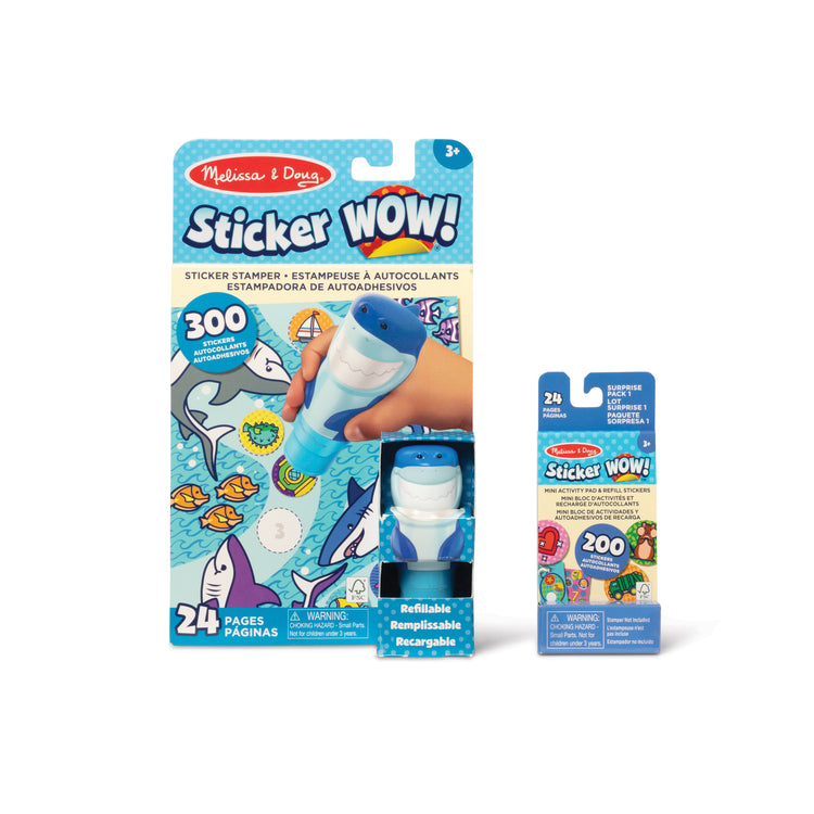 The front of the box for The Melissa & Doug Sticker WOW!™ Shark Bundle: 24-Page Activity Pad, Sticker Stamper, 500 Stickers, Mini Pad, Arts and Crafts Fidget Toy Collectible Character