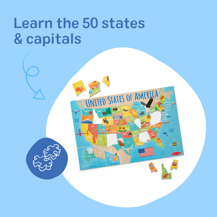 The front of the box for The Melissa & Doug USA Map Jumbo Floor Puzzle, 51-Piece Jigsaw Puzzle of The United States, with State Capitals, Over 3 Ft Long, Kids Puzzles for Girls & Boys Ages 6+